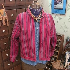 Vintage Orvis Red Striped Cotton Bomber Jacket Western Aztec Style Print